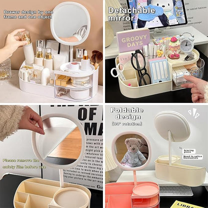 DASITON Makeup Organizer with Rechargeable Mirror,Makeup Brush Holder with 2 Drawers,Skincare and Cosmetics Organizer Countertop,Large Capacity Cosmetic Display Case for Vanity,Bedroom,Bathroom(Green)