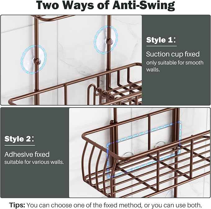 Epicano Shower Caddy Hanging, Anti-Swing Over Head Shower Caddy Rustproof with hooks for Towels, Sponge and more, Bronze