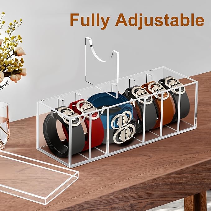 Adjustable Acrylic Belt Organizer with 6 Removable Dividers and a Dust Lid, Clear Belt Storage for Closet and Drawer, 7 Compartments Belt Box Holder for Singers, Men, Women (Adjustable Version)