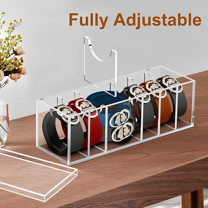 Adjustable Acrylic Belt Organizer with 6 Removable Dividers and a Dust Lid, Clear Belt Storage for Closet and Drawer, 7 Compartments Belt Box Holder for Singers, Men, Women (Adjustable Version)