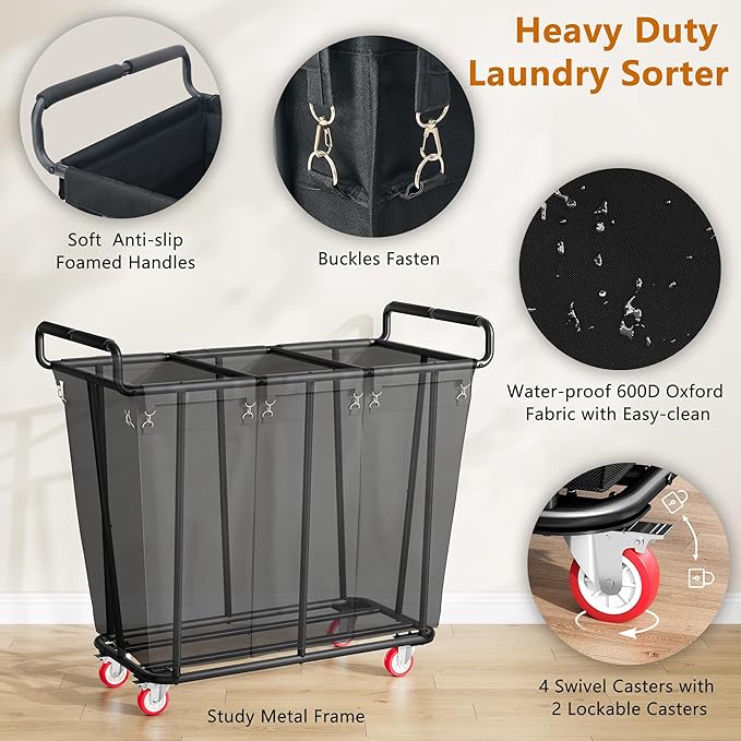 Gewudraw Large laundry hamper with Wheels, 360L 3 Bag Big Rolling Laundry Hamper Sorter Cart, Extra Large Laundry Clothes Hamper, Heavy Duty Laundry Basket Organizer for Laundry Room,Bathroom,Black