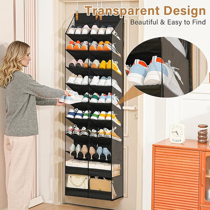 20-30 Pairs Over the Door Shoe Organizer,Side Clear Hanging Shoe Organizer,10-Tier Shoe Storage with 2 Flat Storage Layers,Door Shoe Organizer Fit All the Family’s Sneakers, Boots, Heels,Black