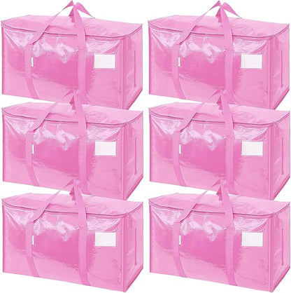 TICONN 6 Pack Extra Large Moving Bags Heavy Duty with Zippers & Carrying Handles, Durable Storage Bags Moving Boxes for Closet Organizers and Storage (6 Pack, Pink)