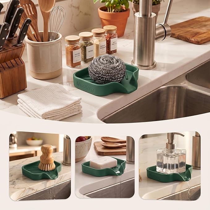 MicoYang Silicone Bathroom Soap Dishes with Drain Spout-Bathroom and Kitchen Sink Organizer,Sponge Holder,Dish Soap Tray,Perfect for Dispenser,Scrubber,Bottle,Cup on Sink or Counter-Green 4.9"×3.2"