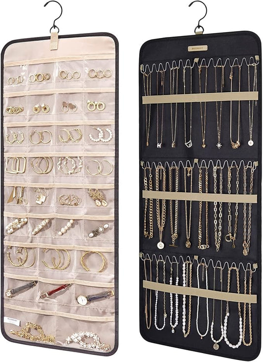 BAGSMART Hanging Jewelry Organizer Storage Roll with Hanger Metal Hooks Double-Sided Jewelry Holder for Earrings, Necklaces, Rings on Closet, Wall, Door, 1 piece, Large, Black
