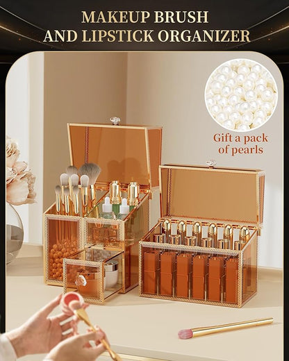 CoralHouse Makeup Organizer Countertop Set – Vanity Holder with 18-Slot Lipstick Organizer & Covered Makeup Brush Holder – Skincare, Perfume & Cosmetic Display for Bathroom or Dresser
