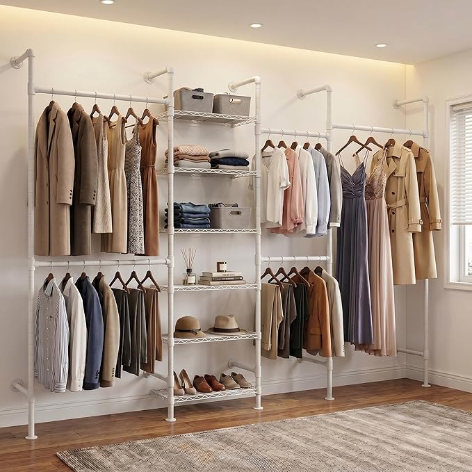 F4 Wall Mounted Closet System, Industrial Pipe Clothing Rack for Hanging Clothes, Heavy Duty Closet Organizer System, Clothes Racks with Shelves & Expandable Rod for Wardrobe, Corner, White