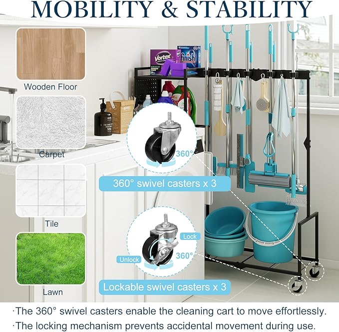 Broom Holder with Cleaning Supplies Organizer, Heavy Duty Janitorial Housekeeping Cart with Mop Clips & Hooks, Home Essentials Broom Closet Storage, Multifunctional Cleaning Cart for Laundry