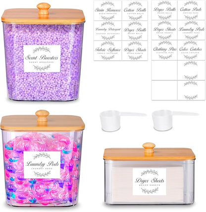 efluky 3 Pack Laundry Pods Container & Dryer Sheet Holder Set, Clear Laundry Room Organization Containers with Bamboo Lids and Labels, Detergent Pods Storage for Scent Booster, Powder