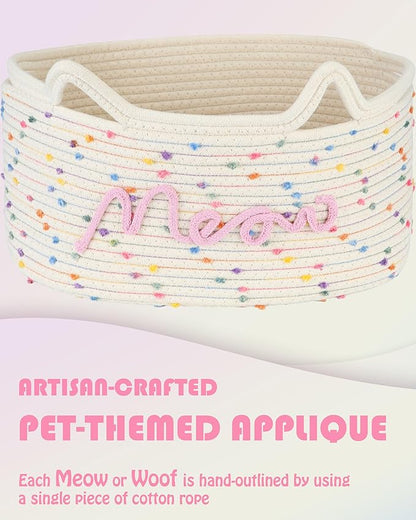 Sea Team Cat Toy Basket with Handles, 16.5 x 11 x 7 Inches, 4.4 Gallons Large Cotton Rope Storage Bin, Box, Shelf Organizer for Pet Chew Toys, Foods, Rainbow Meow