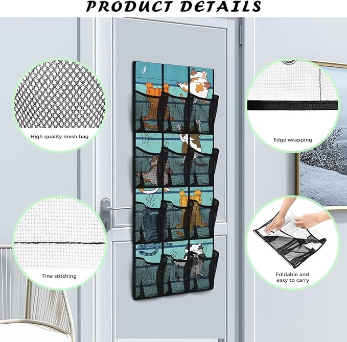 Cute Cat Over The Door Organizer 12 Mesh Pockets Large Capacity Stuffed Space Saving Hanging Storage Pockets for Toys Boots Cosmetics Sundries