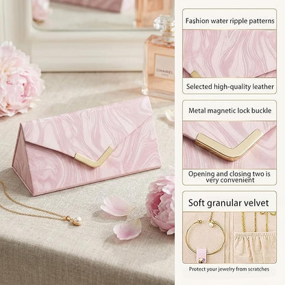 2-in-1 Travel Jewelry and Glasses Organizer, Foldable Case for Necklaces, Earrings, Rings, Bracelets, Pink Marble (Pink)
