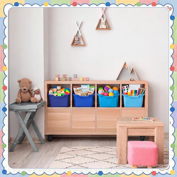 Dandat 16 Pcs Plastic Book Bins for Classroom Library Cubby Bins Scoop Front Stackable Toy Storage Tubs Containers for School Office Home Nursery Playroom Organization (Blue Series)