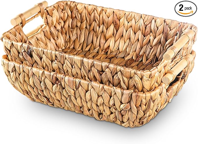 Mowtanco Woven Storage Baskets – Set of 2 Handwoven Water Hyacinth Wicker Baskets with Wooden Handles for Organizing, Decorative Baskets for Laundry Room, Home Decor - 2 Medium