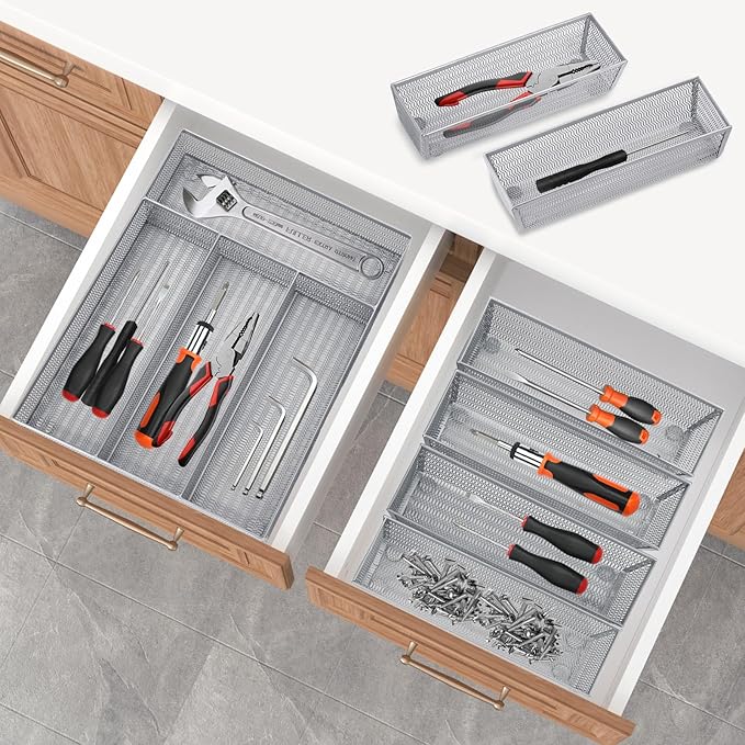 Neudeco Drawer Organizer Set 5 Pack - 4-Compartment Silverware Organizer Tray + 4 Utensil Trays, Kitchen Drawer Organizer for Flatware, Cutlery, Office Supplies, Silver Mesh, Non-Slip,Silver