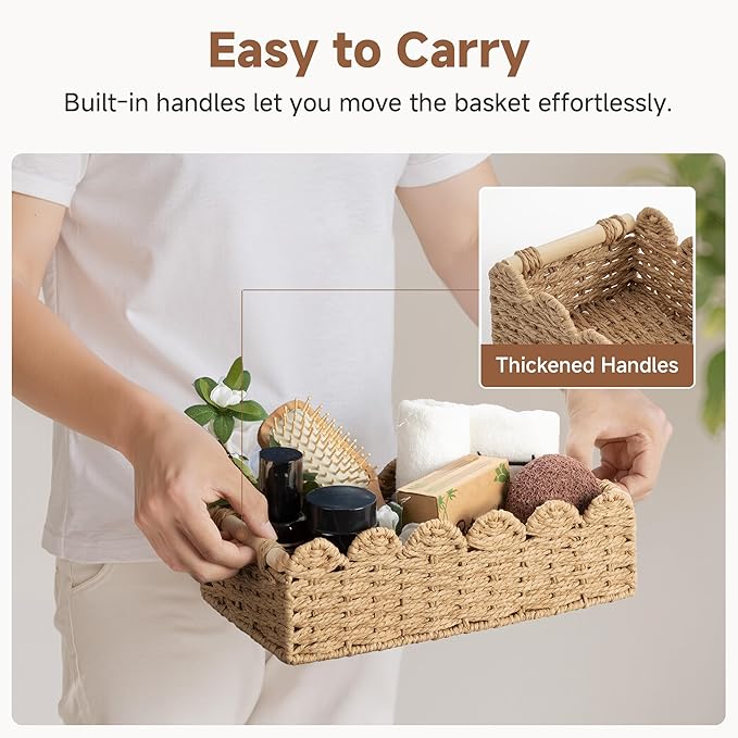 StorageWorks Toilet Paper Storage Basket, Toilet Basket with Wooden Handles, Small Wicker Decorative Scalloped Baskets for Organizing, Living Room, Top Tank, Brown Rope Baskets