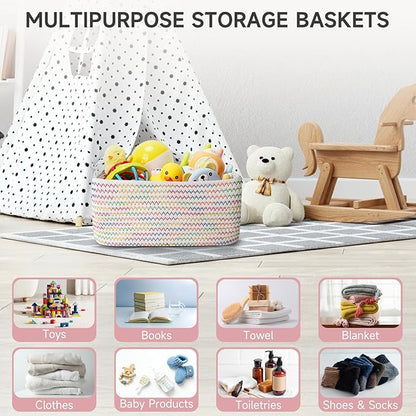 3-Pcs Shelf Baskets for Organizing, Closet Organizer Bins, Small Woven Baskets, Rope Toy Basket, Storage Basket for Shelves, Cube Decorative Box, 11.8×7.8×5.1”, Rainbow