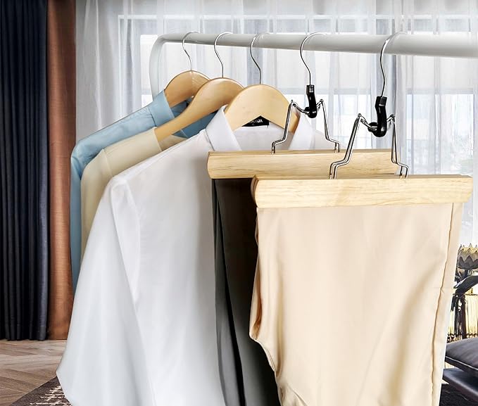 Richards Wooden Pants Hangers - Wood Skirt Hangers - 6 Pack - for Men Shorts and Pants and Women Dress Clothes - Non Slip Slim Closet Space Saving