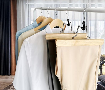 Richards Wooden Pants Hangers - Wood Skirt Hangers - 6 Pack - for Men Shorts and Pants and Women Dress Clothes - Non Slip Slim Closet Space Saving