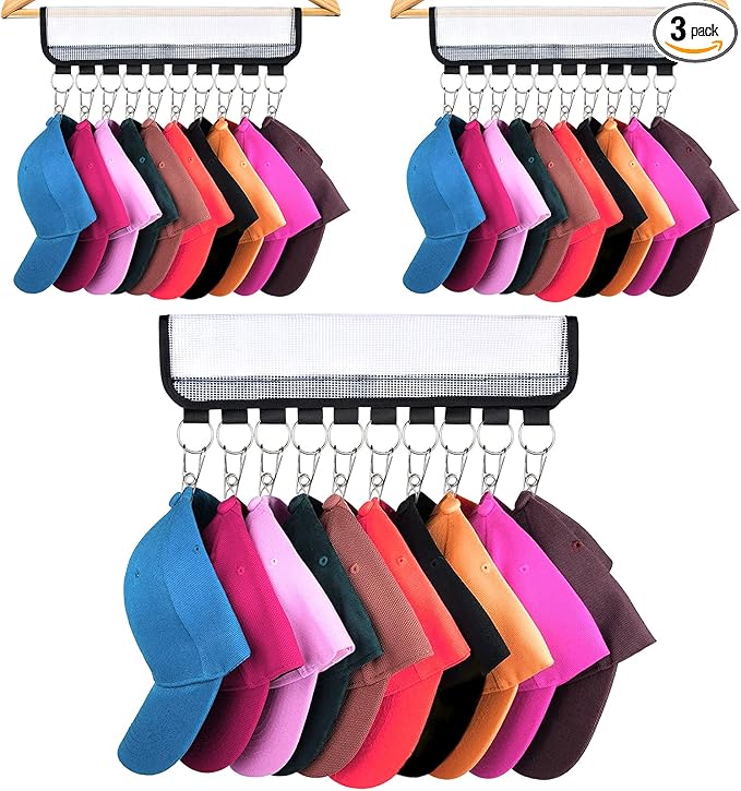 Hat Organizer, 3 Pack Hat Racks for Baseball Caps, 10 Clips Hat Hangers for Closet Travel to Hang Baseball Hat, Socks, Ties, Accessories Display Storage, Fits Hangers, White Plastic Foldable
