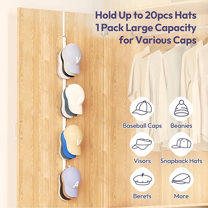 SWTYMIKI Over Door Hat Rack -1 Packs Metal Hanging Hat Organizer with 4 Hooks Design, Baseball Cap Hanger Organizer Storage Holds up to 20 Caps for Door, Bedroom, Closet