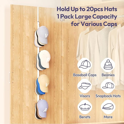 SWTYMIKI Over Door Hat Rack -1 Packs Metal Hanging Hat Organizer with 4 Hooks Design, Baseball Cap Hanger Organizer Storage Holds up to 20 Caps for Door, Bedroom, Closet