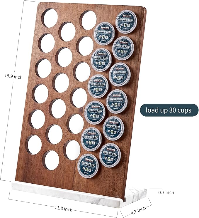 Coffee Pod Holder K Cup Organizer - Acacia Wood Storage Rack with Weighted White Marble Base - 30+ Pod Capacity Countertop Stand - Modern Kitchen Storage Organizer