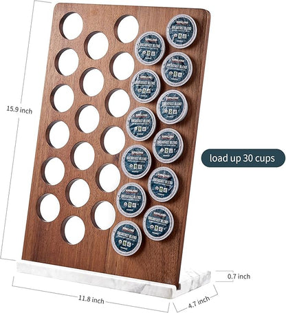 Coffee Pod Holder K Cup Organizer - Acacia Wood Storage Rack with Weighted White Marble Base - 30+ Pod Capacity Countertop Stand - Modern Kitchen Storage Organizer