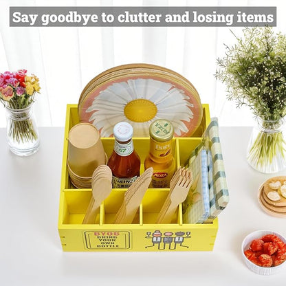 Utensil Holder for Party Farmhouse Crate Look - Yellow Napkin Paper Plate Dispenser for Countertop - Silverware Caddy for Plate, Cup, Fork, Spoon - Flatware Box Organizer for Outdoor Camping Picnic