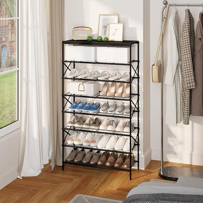 IBUYKE 8 Tier Shoe Rack, Large Capacity Shoe Storage Organizer for 32 Pairs of Shoes, Metal Shoe Storage Rack with Shelf for Entryway Hallway Closet Garage, Black TXJ018B