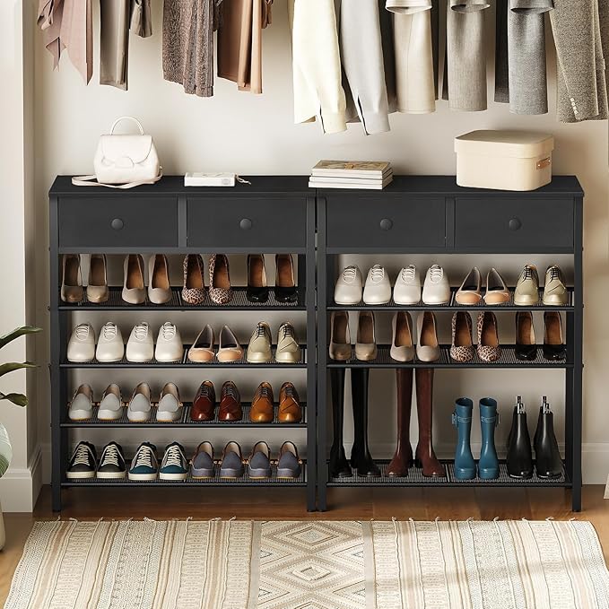 YATINEY 5 Tier Shoe Rack, Large Capacity Shoe Storage Organizer, Metal Shoe Shelf with Drawer and Wooden Top, for 20 Pairs of Shoes, for Entryway, Closet, Black SS25BB