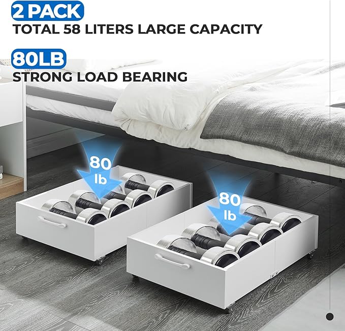 TIOPGHAD Under Bed Storage with Wheels, 2-Pack Under Bed Shoe Storage Organizer Drawer, Composite Wood Organizer for Shoes Clothes Containers in Bedroom for Clothes,Shoes(White)
