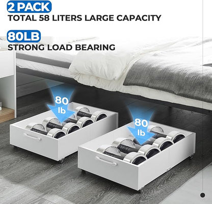 TIOPGHAD Under Bed Storage with Wheels, 2-Pack Under Bed Shoe Storage Organizer Drawer, Composite Wood Organizer for Shoes Clothes Containers in Bedroom for Clothes,Shoes(White)