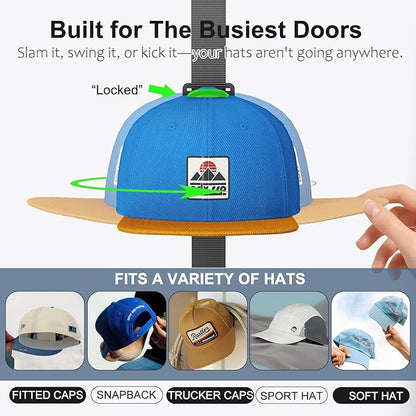 AXU Hat Rack for Door, Hat Organizer for Baseball Caps, Over the Door Hat Storage Organizer - Holds 20-40 Caps | Black, 2 Straps