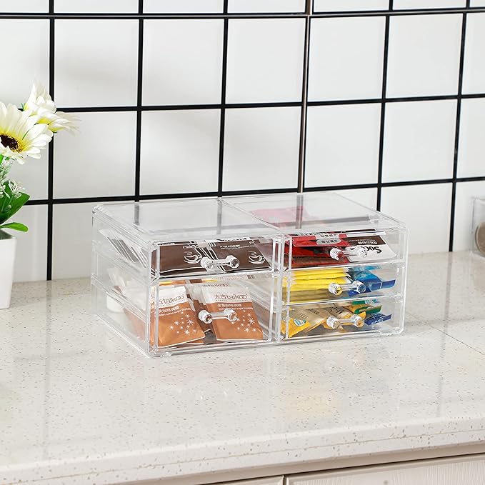 Office Desktop Storage Box,Rectangular Desktop Drawers,Plastic Makeup Storage,Containers Bins With Drawers Desk Organization Pull Out Small craft Storage Case Box Cube,Pack of 1 (Clear, 5 Drawers)