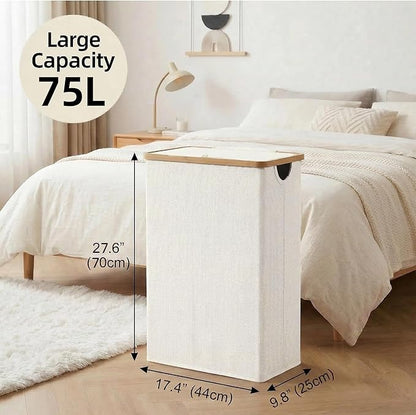 efluky Slim Laundry Basket with Lid, Narrow Laundry Hamper with Removable Bag, Skinny Dirty Clothes Basket with Bamboo Handles for Bathroom, Bedroom & Laundry Room, 75L Beige