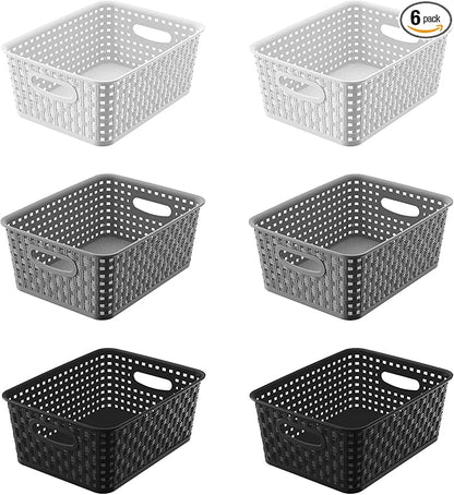 6 Pack Plastic Small Woven Storage Baskets, Black/White/Grey Assorted Organizer Shelf Weave Baskets for Home Organization, Pantry, Closet, Bathroom, Kitchen (10x7.5x4 in)
