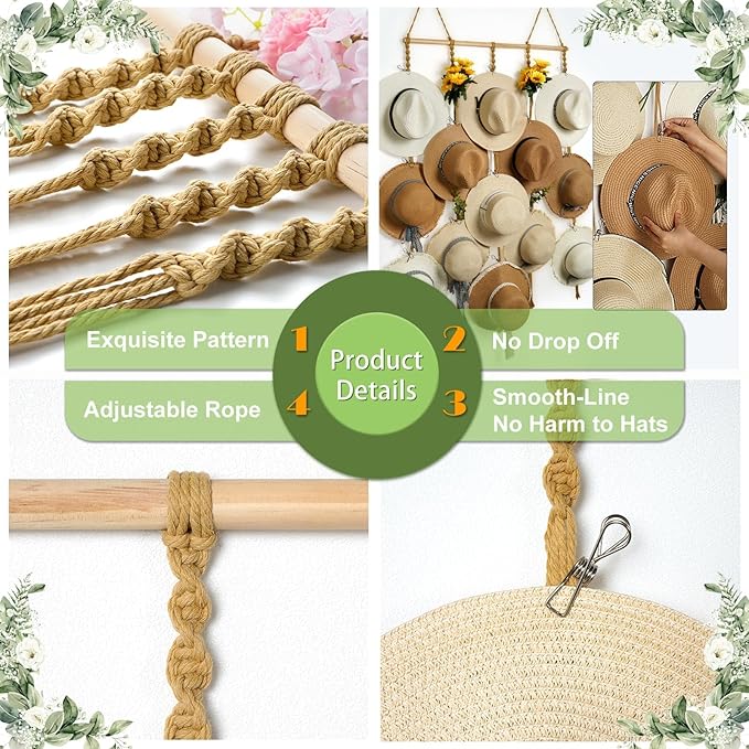Macrame Hat Organizer Rack for Wall 15 Clips 31x66in Large Fedora Hat Hangers Display for Wide Brimmed Hat Holder Storage Boho Decor for Fedora Sun Straw Panama Closet Bedroom Brown
