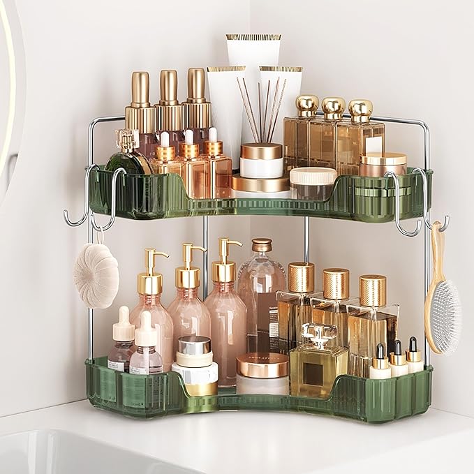 Corner Counter Organizer, 2-Tier Bathroom & Kitchen Storage Tray with Hooks | PET Green Vanity Organizer for Skincare, Makeup & Jewelry