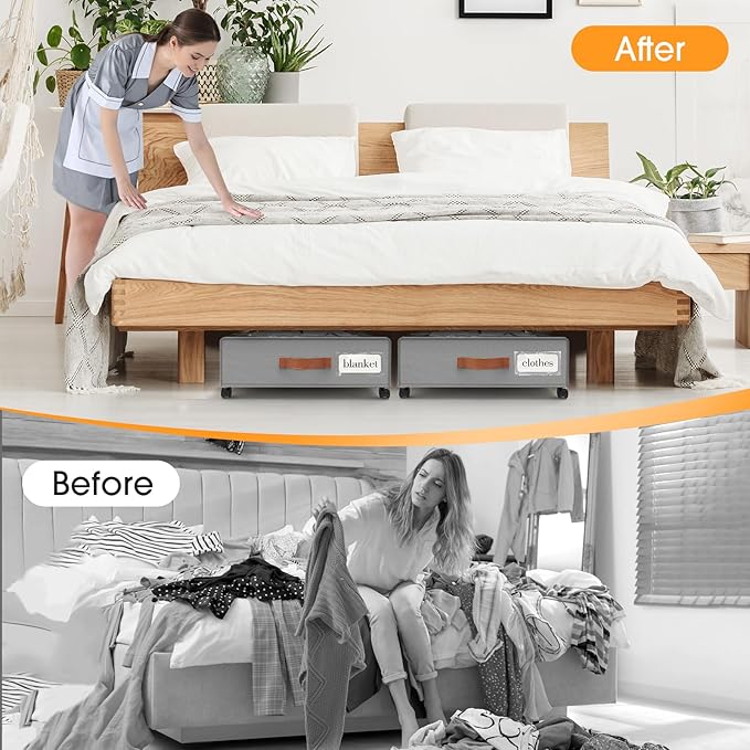 SpaceHacks Under Bed Storage with Wheels 2Pack Underbed Storage with Clear Window&Label Under Bed Drawers Large Capacity Rolling Under Bed Storage for Clothes,Shoes, Blankets (Light Grey)