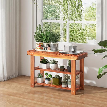 Tangkula Acacia Wood Shoe Rack Bench, 3 Tier Sturdy Storage Organizer, Holds up to 180lbs for Entryway Bedroom Living Room Balcony, Teak Color (27.5-inch)