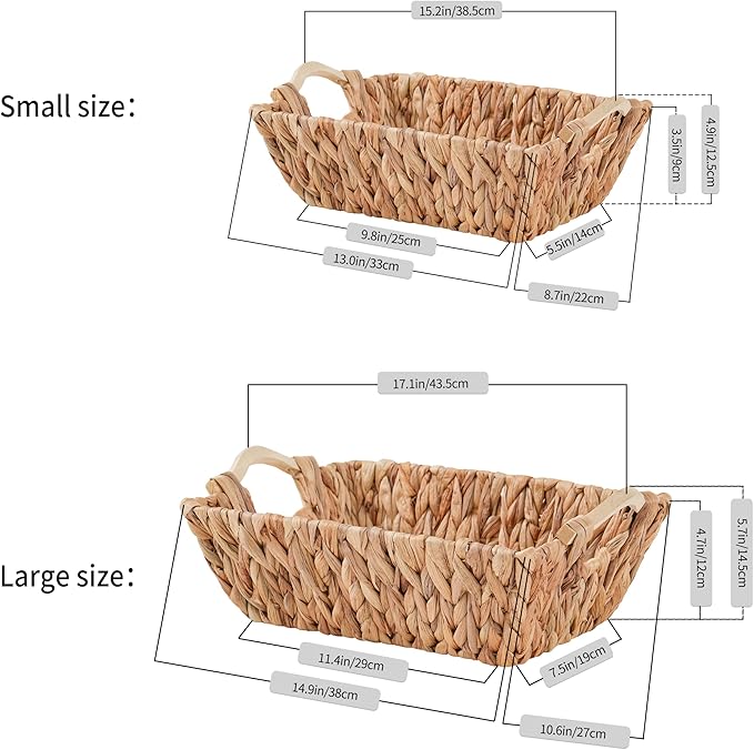Handcrafted Water Hyacinth Basket with Wooden Handles, Wicker Shelf Basket for Storage and Organizing, Rectangular, 1 Pack, Large Size