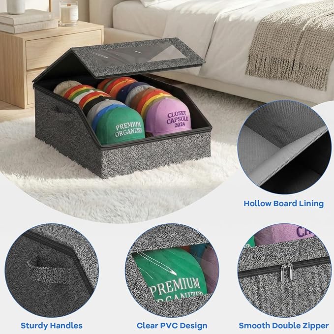Hat Storage for Baseball Caps, Holds up to 24 Caps, Stackable Hat Organizer for Closet, Dustproof Hat Box with Clear Window, Hollow Board Support & 2 Handles, Flip-Top Access (Charcoal Gray)
