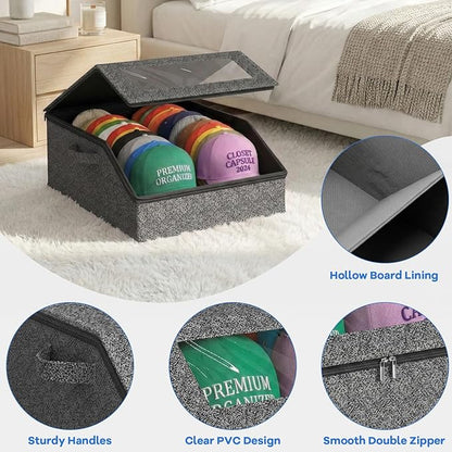 Hat Storage for Baseball Caps, Holds up to 24 Caps, Stackable Hat Organizer for Closet, Dustproof Hat Box with Clear Window, Hollow Board Support & 2 Handles, Flip-Top Access (Charcoal Gray)