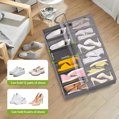 homyfort Under Bed Shoe Storage with Wheels, Fits 24 Pairs, Rolling Shoe Organizer with Bottom Support & Clear Lids, Sturdy Under Bed Storage Box for Shoes, Set of 2, Grey