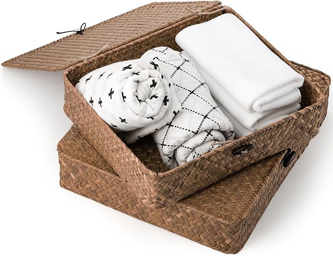Elsjoy 2 Pack Flat Wicker Woven Storage Bins with Lid and Wood Toggle, Natural Handmade Seagrass Basket Set, Rattan Organizer Bins for Shelf, Closet, Bedroom