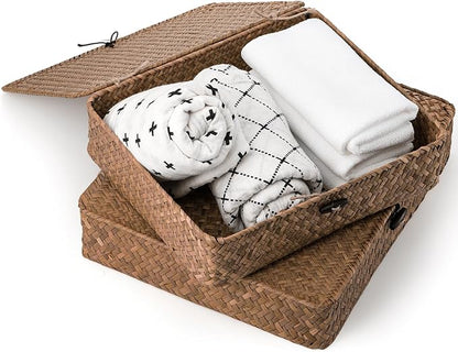 Elsjoy 2 Pack Flat Wicker Woven Storage Bins with Lid and Wood Toggle, Natural Handmade Seagrass Basket Set, Rattan Organizer Bins for Shelf, Closet, Bedroom