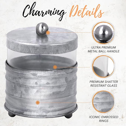 Autumn Alley Galvanized Bathroom Apothecary Jars Set, Farmhouse Bathroom Jars Qtip Holder Glass Dispenser- Rustic Vanity Organizer with Lids for Cotton Balls, Swabs, Rounds, Bath Salts 2-Glass Jars