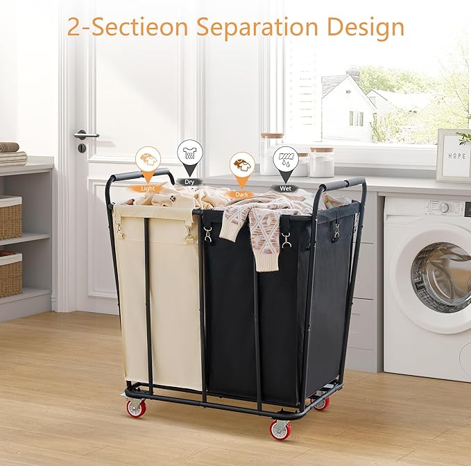 Hoctieon 2 Section Laundry Sorter Cart, 400L Rolling Hamper with Wheels, Industrial Laundry Basket Organizer, Extra Large Dirty Clothes Hamper for Home & Hotel, Heavy Duty, Black+Beige