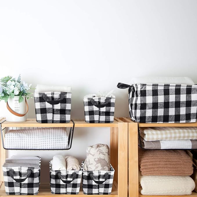Boao 6 Pcs Buffalo Plaid Basket Square Storage Basket Black and White Buffalo Check Basket Bin Solid Storage Organizer with Handles Collapsible Square Organizer for Home Office